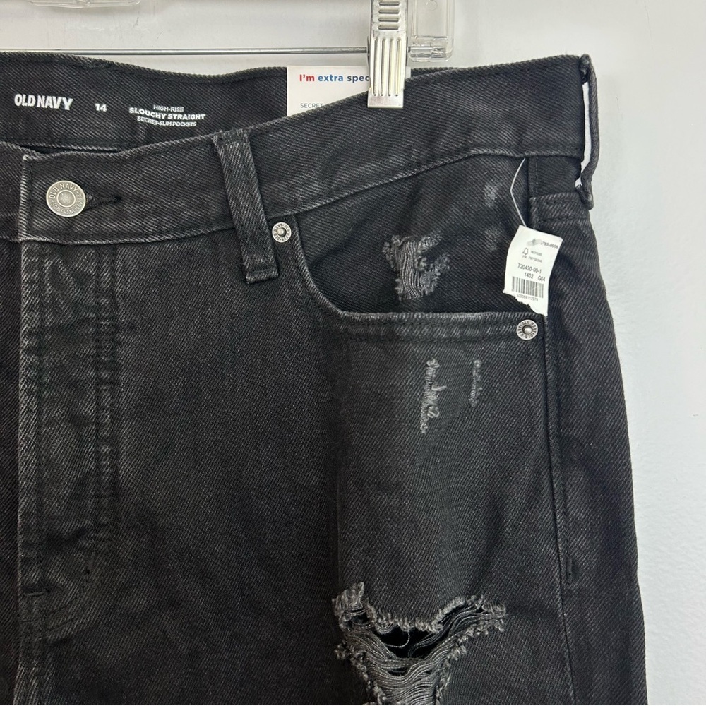 NWT Old Navy Black High Rise Slouchy Straight Distressed Black Denim Jeans Sz 14 - Picture 5 of 11